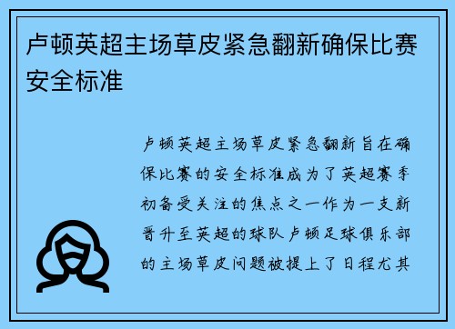卢顿英超主场草皮紧急翻新确保比赛安全标准