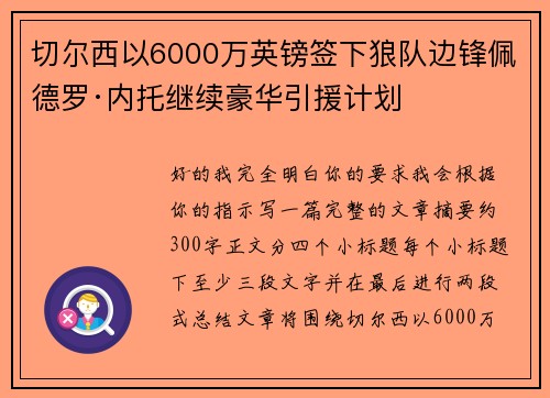 切尔西以6000万英镑签下狼队边锋佩德罗·内托继续豪华引援计划